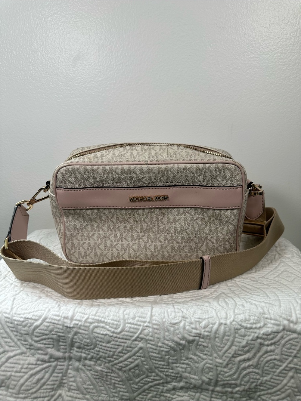 Michael Kors Beige Monogram Crossbody with Pink Trim and Tan Strap